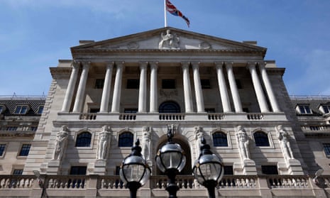 The front of the Bank of England on a sunny day, photographed from a low angle