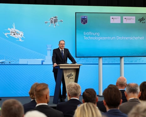 German interior minister Alexander Dobrindt speaks at the opening of a facility for drone security to explore the protection of critical infrastructure at the airfield of Cochstedt, Germany.