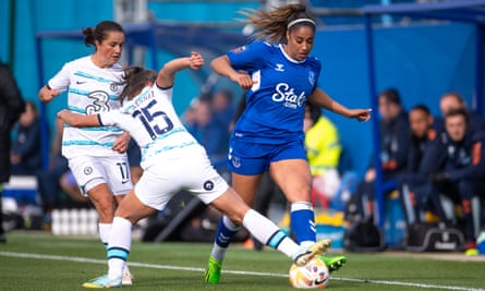 Gabby George of Everton fights for possession with Ève Périsset during Everton’s game at home to Chelsea this month.