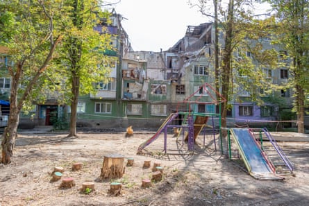 Damage from a bomb in the residential area of Hromov Street, opposite a children’s playground in Kostyantynivka, Donetsk Oblast, Ukraine.