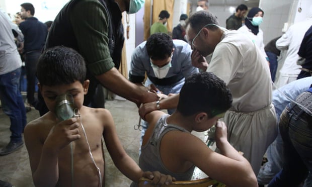 Syrian children receive treatment for breathing difficulties in eastern Ghouta after regime airstrikes.