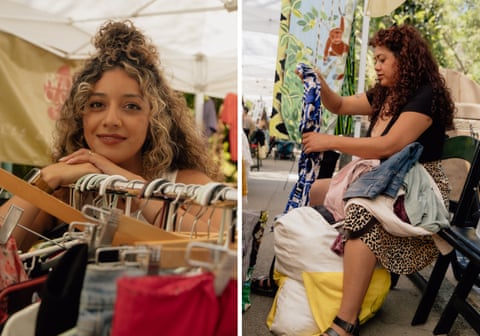 two women in side by side portraits, one on the left with a clothing rack and one on the right holding a garment