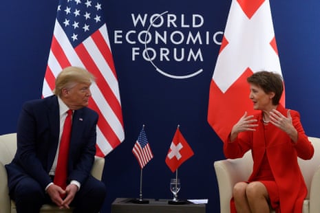 SWITZERLAND-USA-ECONOMY-DAVOS-DIMPLOMACY-WEFUS President Donald Trump speaks with Swiss Confederation President Simonetta Sommaruga ahead of their meeting at the World Economic Forum in Davos, on January 21, 2020. (Photo by JIM WATSON / AFP) (Photo by JIM WATSON/AFP via Getty Images)