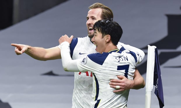 Tottenham’s Son Heung-min celebrates with Harry Kane
