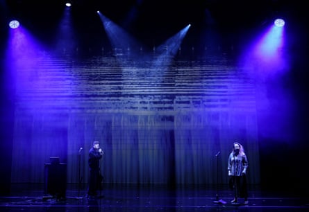 British artist Harry Yeff (also known by his stage name Reeps100) and British-Canadian soprano Patricia Auchterlonie (right) perform Transference, which uses AI to render the human voice.