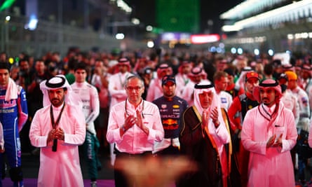 The FIA president Mohammed ben Sulayem, the F1 CEO Stefano Domenicali and Khalid bin Faisal al-Saud, governor of Makkah