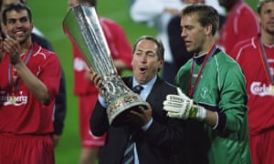 Gérard Houllier celebrates Liverpool’s victory in the 2001 Uefa Cup final, which completed a treble of trophies for the club that season and was the Frenchman’s crowning achievement as manager.