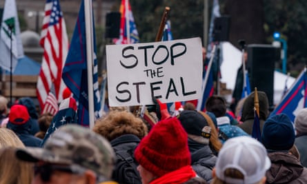 A ‘stop the steal’ sign is seen in Sacramento, California, on 6 January 2021.