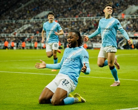 Antoine Semenyo celebrates after scoring Manchester City’s opening goal against Newcastle.