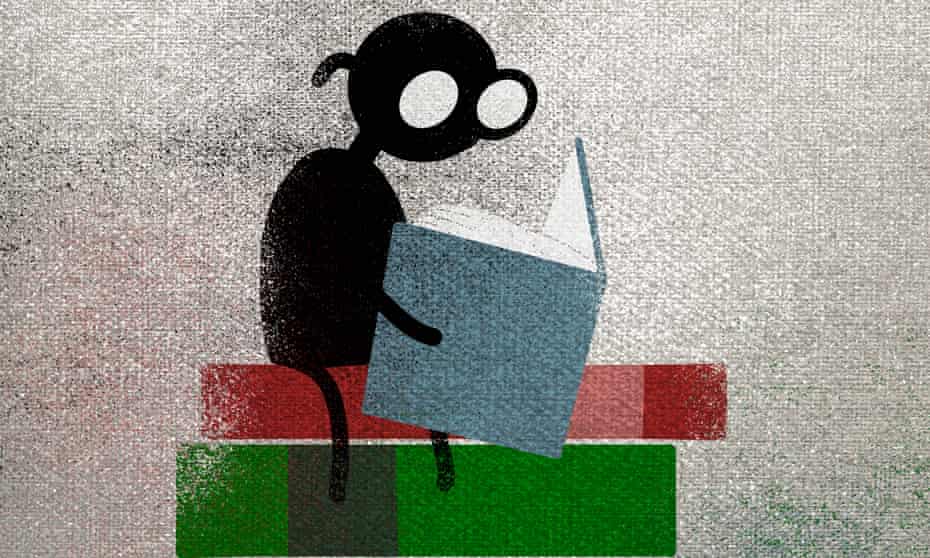 Illustration of a person reading book while sitting on a stack of other books