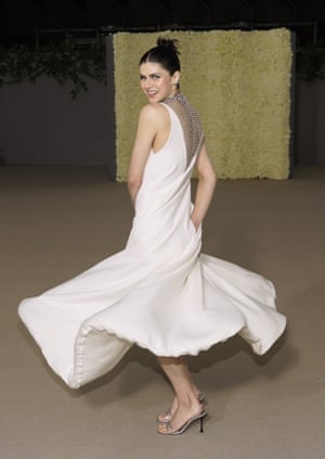 Alexandra Daddario in a white gown from Christian Dior with mesh detailing
