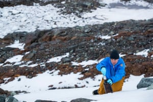 Thilo Maack takes snow samples on Greenwich Island in the Antarctic to test for environmental pollutants.