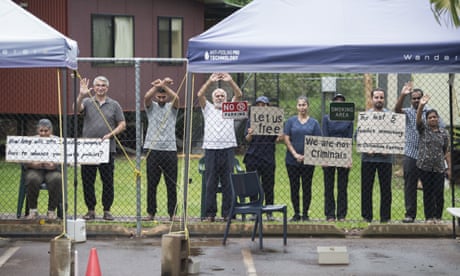 Detained refugees inside a compound at Darwin Airport where they have been held for a year while they wait for medical treatment, in Darwin, Saturday, February 13, 2021. (AAP Image/Aaron Bunch) NO ARCHIVING