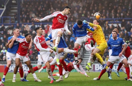 Arsenal’s Gabriel Martinelli scores their second goal at Fratton Park
