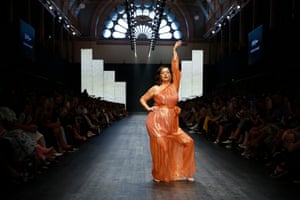 Comedian Celeste Barber walks the runway in an outfit by Aje at the Melbourne fashion festival.