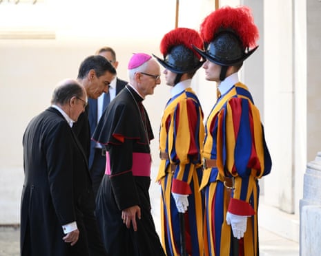 Spanish prime minister Pedro Sánchez arrives for a private audience with Pope Leo XIV at the San Damaso Courtyard in Vatican City.