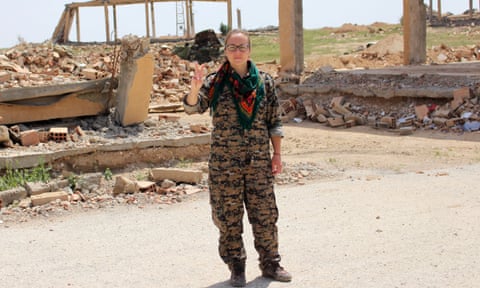 Kimberley Taylor at militia headquarters, Ain Issa, Syria