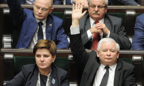 Jarosław Kaczyński – leader of Poland’s ruling Law and Justice party, shown seated beside the prime minister, Beata Szydło – votes in favour of changes to the constitutional court.