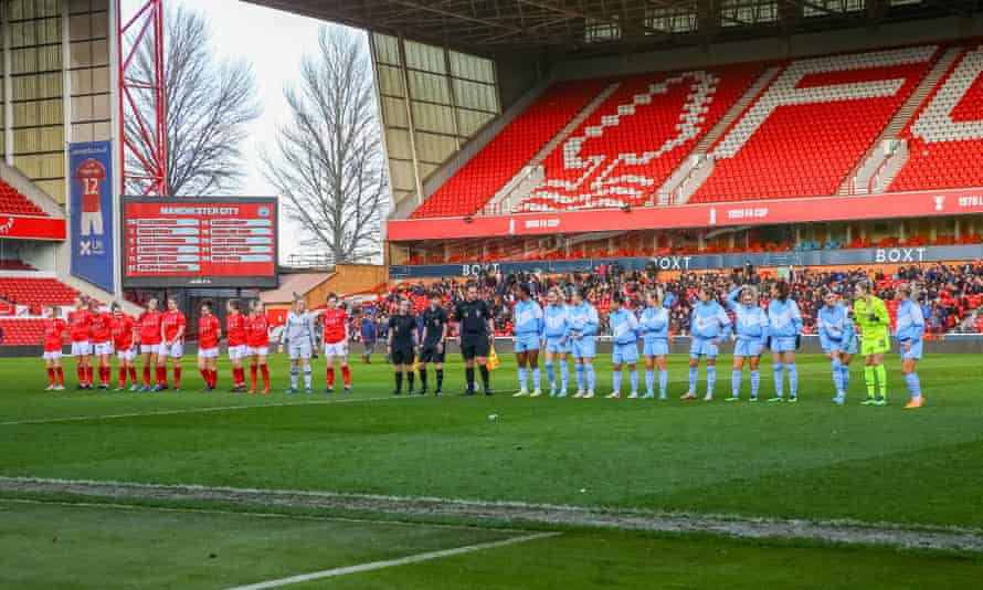 Women’s FA Cup photo essay – road to Wembley, fourth round: Nottingham Forest v Manchester City | Women's FA Cup 10 The players line up prior to the match.