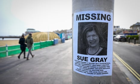 Poster saying 'Missing Sue Gray'