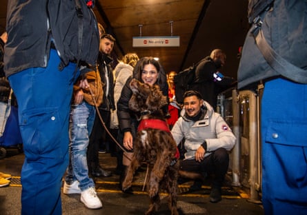 Joe, the sniffer dog, was working hard on New Year’s Eve but still had time for a bit of affection from waiting partygoers on Westminster pier.