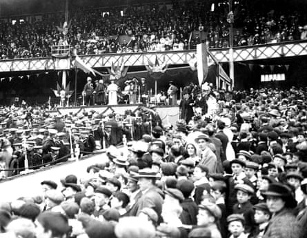 King George V and Queen Mary in the stand at Everton Football Ground during a visit to Liverpool.