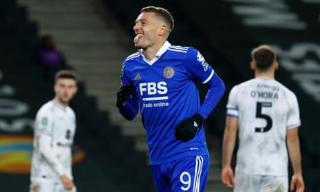 Leicester City’s Jamie Vardy celebrates scoring their third goal.