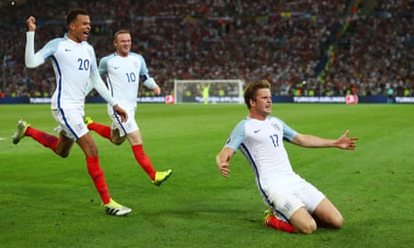 Eric Dier celebrates with Dele Alli and Wayne Rooney.