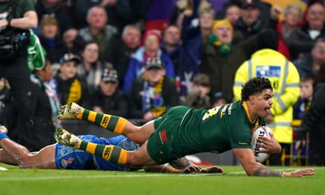 Australia's Latrell Mitchell scores his team's fifth try.