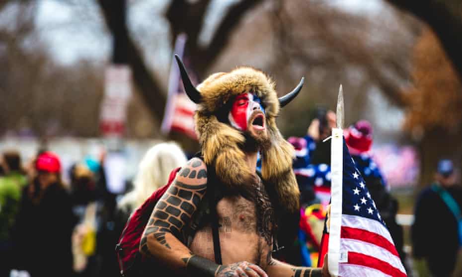 QAnon shaman Jake Angeli at the Capitol riot in Washington DC, 6 January 2021.
