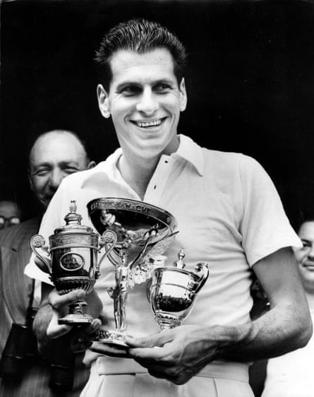 Dick Savitt with some of his trophies after beating Ken McGregor of Australia in the men’s singles final at Wimbledon in 1951.