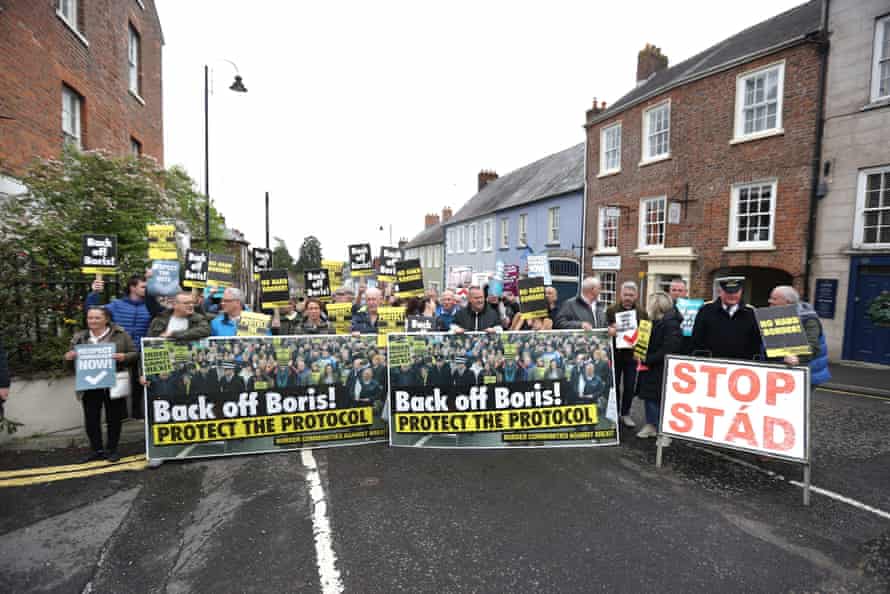 Protesters from Border Communities Against Brexit today outside Hillsborough Castle, where Boris Johnson is holding talks with Northern Ireland's parties this afternoon.