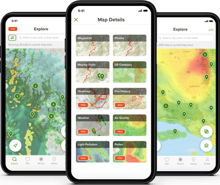 Screenshots of AllTrails real-time trail-information app