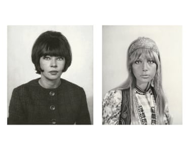 Black and white passport photos of Leslie Caron and Pattie Boyd from the 1960s
