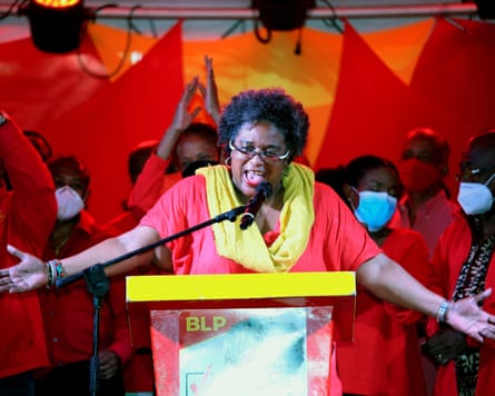 Mia Mottley speaking after her Barbados Labour party won a landslide victory in the country’s first election since it became a republic, Bridgetown, 20 January 2022.