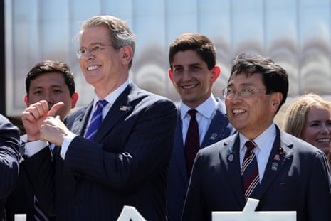 US treasury secretary Scott Bessent and Japan’s top tariff negotiator Ryosei Akazawa visit the US pavilion at Expo 2025 in Osaka, Japan.