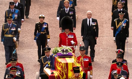King Charles III, Anne, Princess Royal, William, Prince of Wales, Prince Andrew, Prince Edward, Prince Harry, and Peter Phillips follow the Queen’s coffin during the ceremonial procession from Buckingham Palace to Westminster Hall.