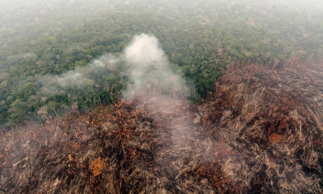 Deforested and burning area in the Amazon rainforest region of Labrea, northern Brazil, in September.