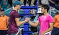 Jannik Sinner shakes hands with Carlos Alcaraz of Spain after his win in Miami last year