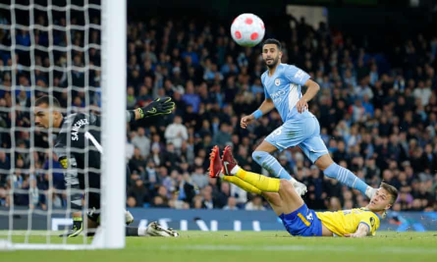 Riyad Mahrez scores the vital opener in April's win over Brighton.