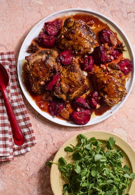 Georgina Hayden's quick and easy recipe for crispy chicken, plums