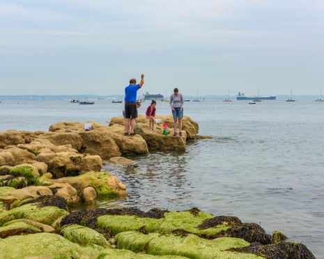 A man and a woman with two small children standing on rocks by the sea use nets on poles to scoop up marine creatures. Tankers can be seen in the waterway behind them