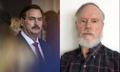 A composite image showing faces of two men side by side who share the same name: Mike Lindell