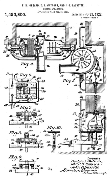 The Airdry corporation’s 1922 patent for a wall-mounted hand-drying machine.