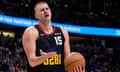 Nuggets center Nikola Jokić reacts after a call during the second half of Monday night’s Game 2 of Denver’s first-round series against the LA Lakers.