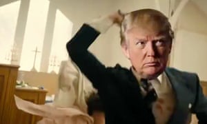 A screengrab from a video showing a mocked-up Donald Trump attacking opponents in a church