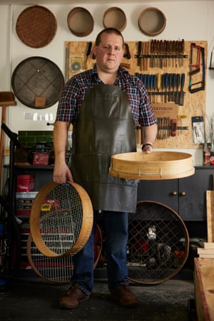 Steve Overthrow only discovered sievemaking in 2017 after reading a red list of endangered crafts. He learned that sieve and riddle had recently become extinct after the last practitioner, Mike Turnock at Hill & Sons in Derbyshire, had retired. Steve decided to revive the craft and set about researching the skills required and began making his own bespoke tools. There was very little information except a Guardian audio slideshow showing Turnock at work, which he watched over and over until he was able to make his first sieve from his workshop in Langport, Somerset