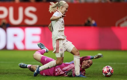 Bayern Munich’s Pernille Harder scores her side’s fifth goal against Arsenal to complete a 13-minute hat-trick