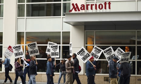 Hotel workers strike in front of a Marriot hotel in San Francisco in 2018. The workers at hotels including Hyatt, Hilton, Highgate, Accor, IHG and Marriott are seeking better conditions.