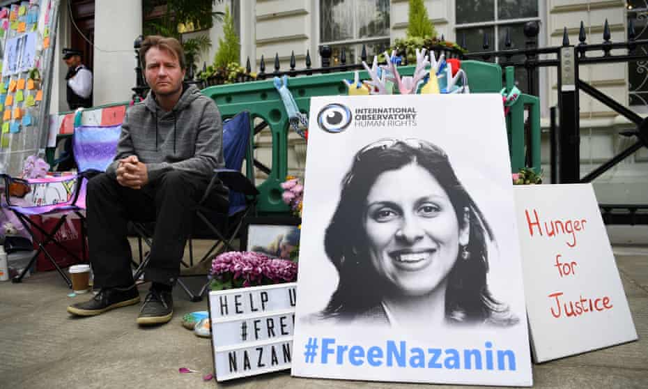 Nazanin Zaghari-Ratcliffe’s husband, Richard Ratcliffe, protesting outside the Iranian embassy in London. 
